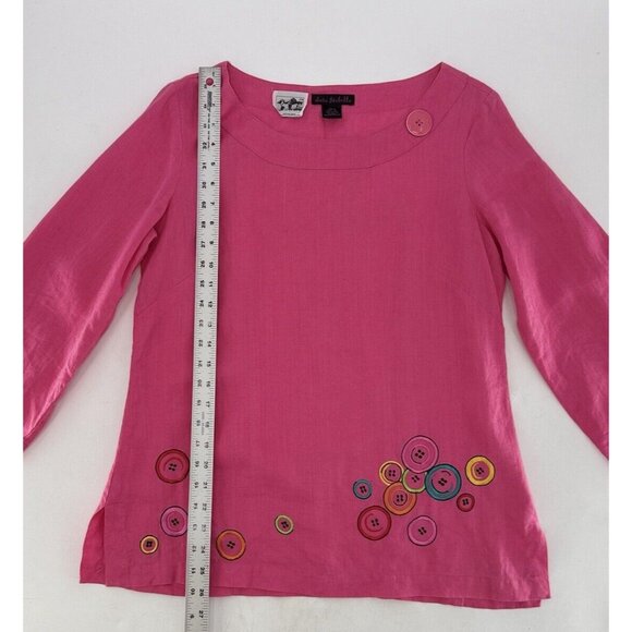 Sara Isabella Bright Pink 100% Irish Linen Embroidered Buttons Tunic Blouse 10 - Picture 10 of 11